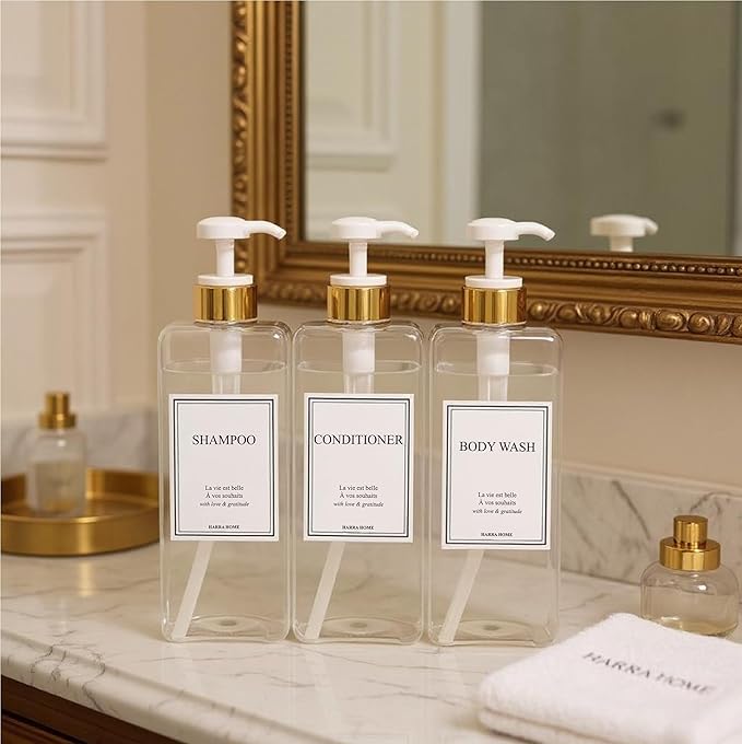 Modern Gold Design Large 27 oz Shampoo and Conditioner Dispensers - Plastic Refillable Pump Bottle Set for Bathroom Shower Soap Dispenser, Includes 6 Waterproof Labels, Set of 3 (Clear & White)