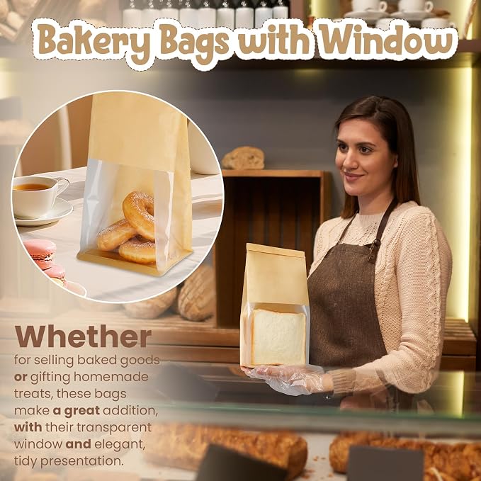 HONKID Bread and Cookie Bags with Seal, 100 Pack 11 x 5.1 x 3.9 Inches Bakery Bags with Window Reusable Tin Tie Tab Lock for Sealed Baked Goods Packaging for Pastry Bagels Breads Treats Cookies Brown - Image 8