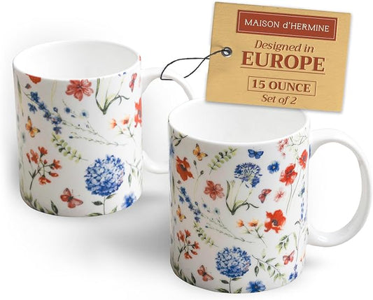 Maison d' Hermine Coffee Mug with Handles Tea Cups (15 Ounce, Pack of 2) | Fine Bone China Coffee Mugs for Hot Beverages Cappuccino Latte Home Restaurant Hotel Spring Summer -Just Floral by MaisondHermine