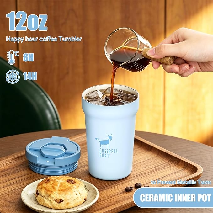 CHEERFUL GOAT Ceramic Lined Coffee Mug – Stainless Steel Travel insulated Tumbler with Ceramic Liner, with lid, 12oz Leak proof Cup for Hot and Cold Water Coffee at Home, Office, or On the Go (Blue) - Image 4