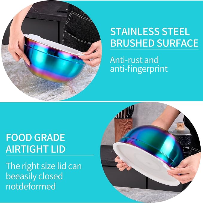 4 Piece Rainbow Mixing Bowls with Lids for Kitchen, Stainless Steel Mixing Bowls Set Ideal for Baking, Prepping, Cooking and Serving Food, Nesting Metal Mixing Bowls for Space Saving Storage - Image 4