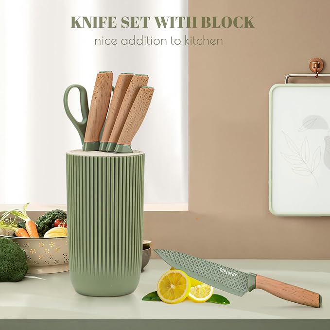 Kitchen Knife Set, Retrosohoo 6-Pieces Green Sharp Knife Set for Kitchen, Non-stick Non-slip Stainless Steel Chef Knife Set with Universal Knife Block Suitable for Home Restaurant (Green) - Image 3