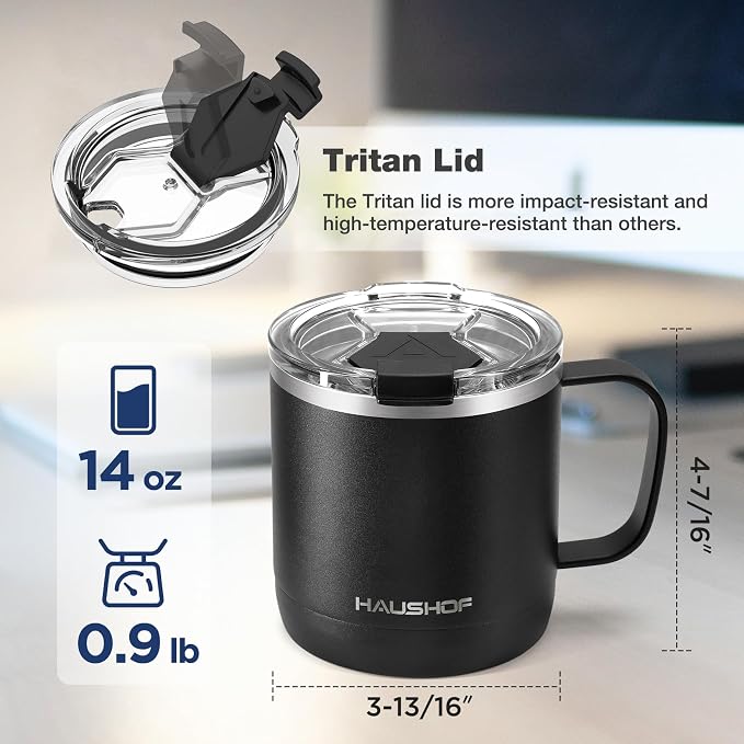 HAUSHOF 14 oz Coffee Mug, Insulated Coffee Mug with Handle, Travel Camping Cup, Portable Stainless Steel Coffee Cup, Insulated Coffee Cups with Lid, Black - Image 2