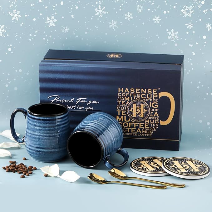 HASENSE Coffee Mugs Gift Set, 20 oz Ceramic Coffee Cups for Men and Women, Premium Large Tea Cups Gift Box with Coaster & Gold Spoon, Blue Couple Mugs for Wedding Holiday - Image 4