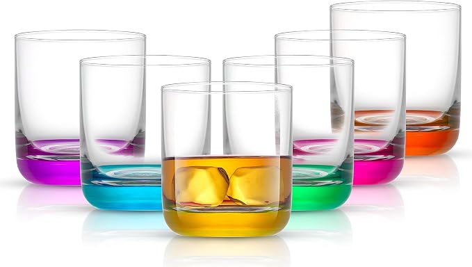 JoyJolt Hue Colorful Whiskey Set of 6, 10oz Drink Glasses, Double Old Fashioned Glass, Modern Whiskey Glass Set for Bar, Low Ball Cocktail Tumbler Glasses by JoyJolt