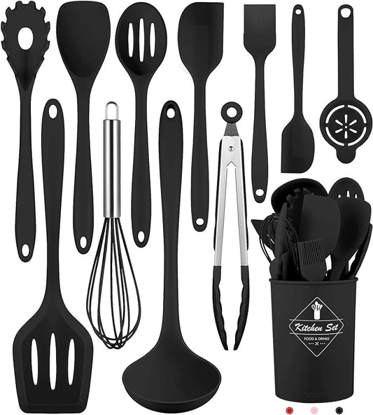 Black Kitchen Utensils Set-12 Pieces Silicone Cooking Utensils Set | Dishwasher Safe 392°F Heat Resistant Spatula Set Kitchen Utensil Set for Nonstick Cookware,Best Kitchen Tools with Holder by Pranski