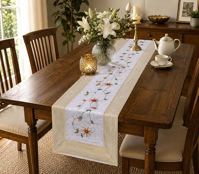 Hand Embroidered Silk Table Runner, White Floral Vine Design with Gold Border, Decorative Table Linen for Dining Table, Coffee Table, Console Table and Home Décor, 60 x 18 Inches by Unknown