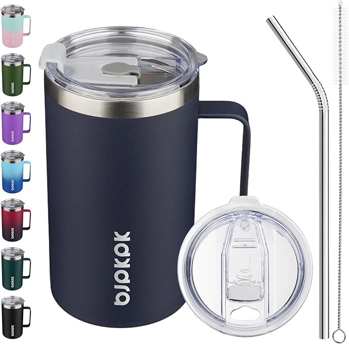 BJPKPK 25oz Insulated Coffee Mug with Handle, Stainless Steel Travel Mug | Keeps Drinks Hot & Cold, Double Wall Vacuum, 2 Lids Included, BPA-Free Coffee Tumbler for Home, Office & Travel by BJPKPK