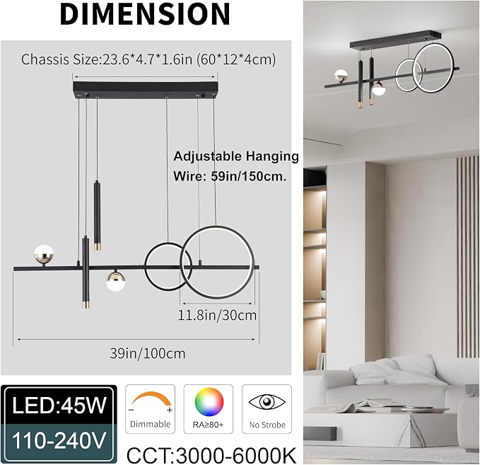 ORANOOR LED Modern Chandeliers, 39inch Dimmable Black Gold Pendant Lighting | Kitchen Pendant Lighting Over Island, Linear Ring Globe Chandelier Light Fixtures for Dining Room Lights Ceiling Hanging ﻿ - Image 4
