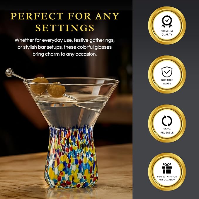 Large Stemless Martini Glasses – Set of 2-8oz Luxury Hand Blown Confetti Margarita, Martinis, Cocktails, Water, Wine, Dessert & Champagne Glasses Cinco de Mayo, Hand Blown - Mexican Confetti Glass - Image 4