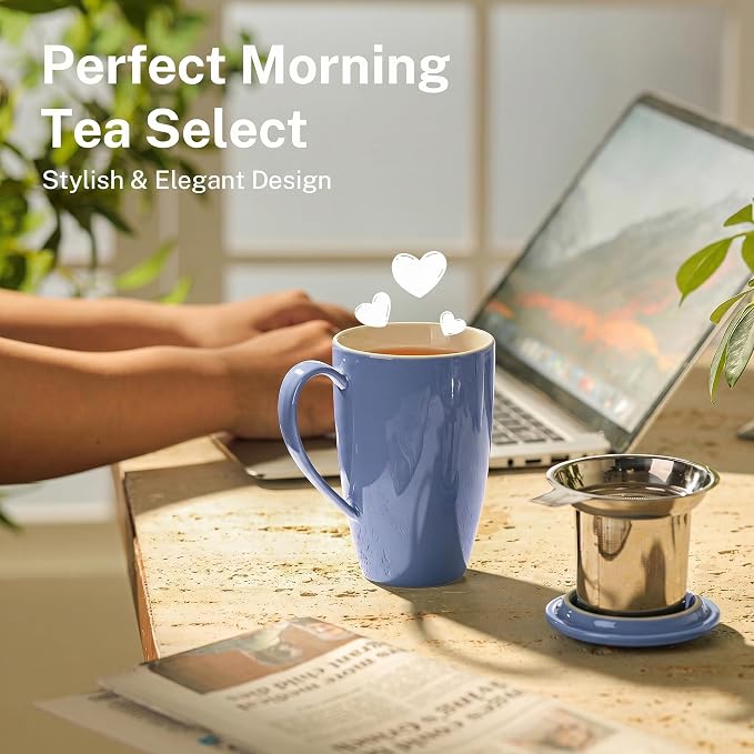 Sweese 15 OZ Porcelain Tea Mug with Infuser and Lid, Loose Leaf Tea Cup, Gifts for Tea Lover, Dusty Blue - Image 6