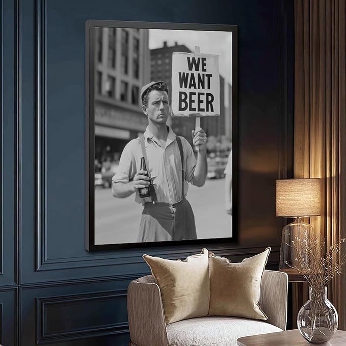 We Want Beer Protest, Black And White, Vintage Prohibition Art, Man Cave Poster Canvas Poster Wall Art Decor Print Picture Paintings for Living Room Bedroom Decoration Black Frame 16x24in(40x60cm) - Image 3