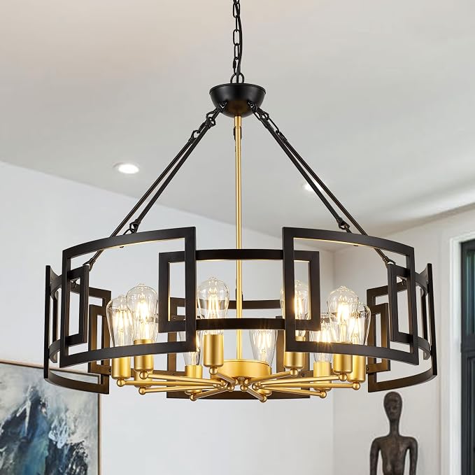 Modern 31.5" Black Gold Chandelier for Dining Room Large Industrial Vintage 6-Light Round Ceiling Mount Pendant Light Fixture for Kitchen Bedroom Living Room Stairway Hallway Entryway Foyer - Image 9
