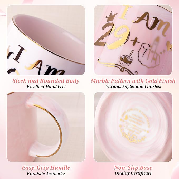 Funny 30th Birthday Gifts for Women - 14oz Pink Mug with Cheeky 29+1 Joke | Elegant Marble Ceramic Gold Print Coffee Cup, with Greeting Card, Beautiful Gift Box, Perfect for Birthday Celebration, Party - Image 3