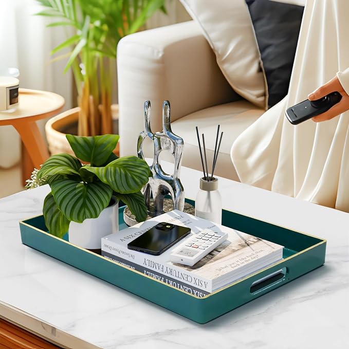 MAONAME Teal Decorative Tray for Coffee Table, Serving Tray with Handles | Plastic Melamine Tray, Modern Ottoman Tray, Rectangular Countertop Organizer Tray for Living Room, 15.8"L x 10.2"W x 1.4"H - Image 5