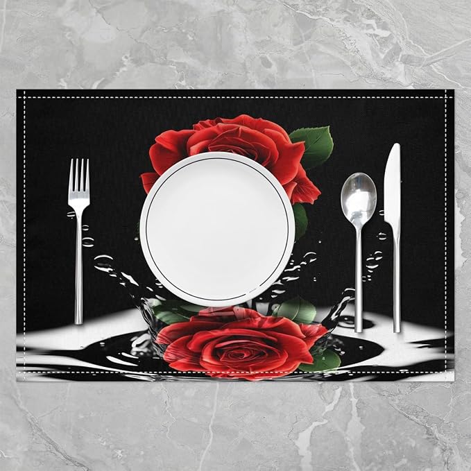Feelyou Red Rose Table Place Mats Set Romantic Floral Blossom Placemats Set of 4 Black Red Placemat for Kitchen Dining Table for Women Men for Lover Indoor Outdoor Decor Table Mats 18"x12" - Image 2