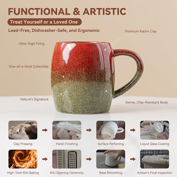 Handmade 22oz Ceramic Coffee Mug, Ergonomic Large Handle, Ideal Gift for Coffee Lovers, Microwave & Dishwasher Safe (Minute-Red&Green) - Image 7