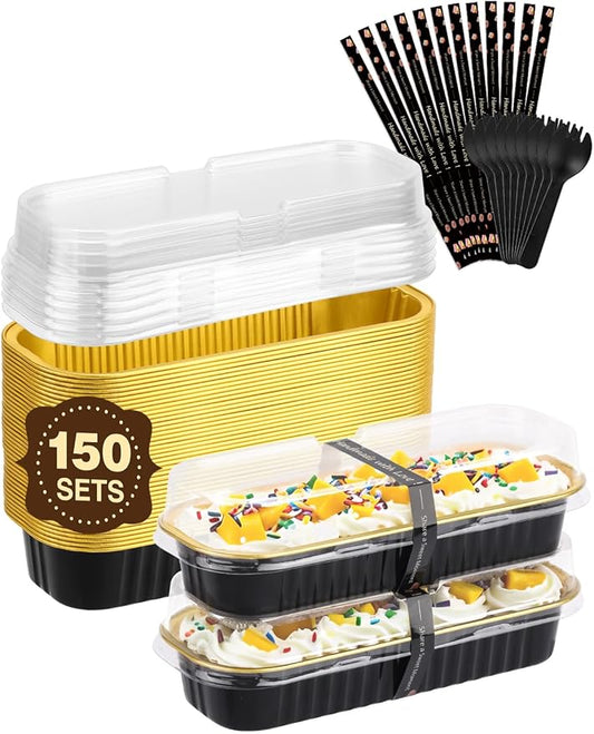 150 Pack 6.8 oz Disposable Mini Loaf Pans with Lids and Spoons - 6.5x2.5x1.2 Black Gold Aluminum Loaf Pans, Small Aluminum Tin Foil Baking Pan, Food Containers for Cakes, Bread, Loaves