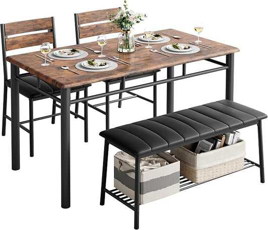 IRONCK Dining Table Set for 4, Kitchen Table and Chairs Set, Rustic Brown | Kitchen Table with Upholstered Bench and 2 Chairs for Small Space, Apartment by IRONCK