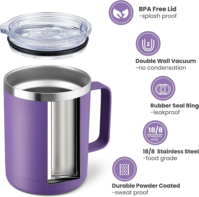 MEWAY 12oz Coffee Mug With Handle 2 Pack Bulk,Stainless Steel Insulated Travel Tumblers With Sliding Lid,Double Wall Vacuum Camping Cup for Hot & Cold Drinks Tea (Purple,Set of 2) - Image 2