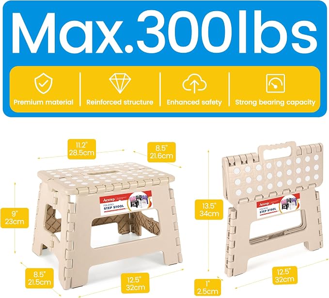 ACSTEP Folding Step Stool 9 Inch, Non-Slip Foldable Stools for Kids, Khaki | Heavy Duty Collapsible Foot Stool, Lightweight, Holds 300lb for Toddler/Adults Kitchen Bathroom Bedroom Outdoor, with Handle - Image 4