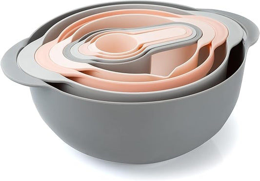 COOK WITH COLOR Nesting Bowls with Measuring Cups Colander and Sifter Set - Includes Mixing Bowls, Colander, Sifter and Measuring Cups, Pink, 8 Pc Bowl