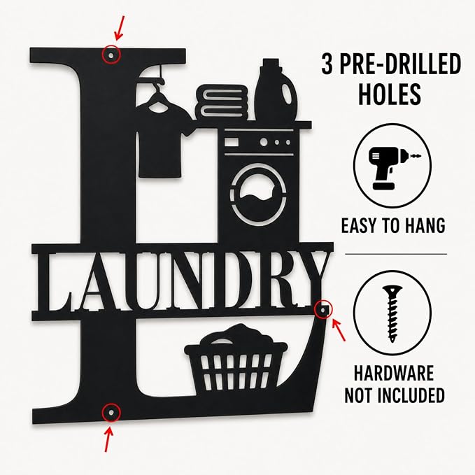Laundry Room Metal Wall Decor, Farmhouse Laundry Sign, 14 Inch | 14-inch matte black metal laundry room sign with pre-drilled holes for farmhouse, modern, or rustic wall decor. - Image 6