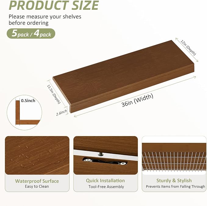 Wire Shelf Covers, Bamboo Wire Rack Covers for Pantry, Closet，Kitchen (4pcs, 36" W x 12" D, Walnut) - Image 2