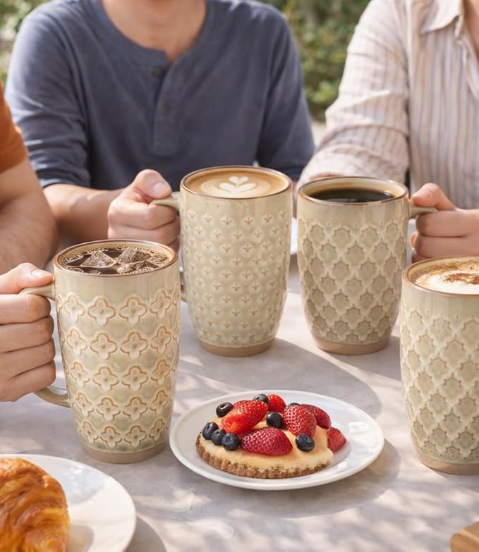 GBhome 20oz Large Coffee Mugs Set of 6, Handmade Tall Ceramic Coffee Mugs with Texture Patterns for Cappuccino, Latte,Hot Cocoa, Dishwasher & Microwave Safe-Pale Khaki - Image 7
