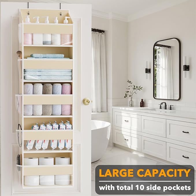 SpaceAid 2 Pack Over The Door Organizer with 5 Large Pockets and 10 Mesh Side Pockets, 5 Layers Door Organizer Hanging with Clear Window for Bedroom, Bathroom, Pantry and Nursery, Beige - Image 3