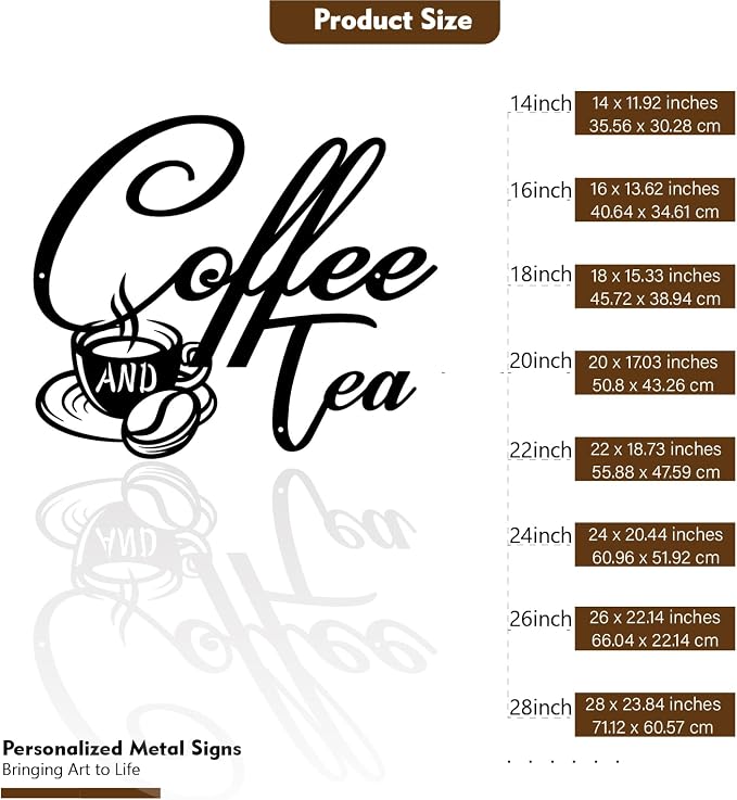 Metal Coffee and Tea Signs - Black Metal Coffee Cup Hanging Wall Art Signs for Bar, Kitchen, Office Decor (26 inches) - Image 3