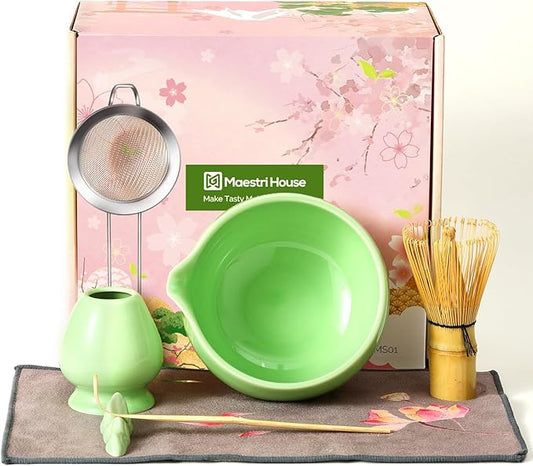 Maestri House Matcha Whisk Set, 7-Pc Complete Matcha Kit with Spouted Ceramic Bowl, Bamboo Whisk and Holder, Scoop, Spoon Rest & Sifter, Tea Cloth – Ideal Gift for Matcha Lovers (Green)
