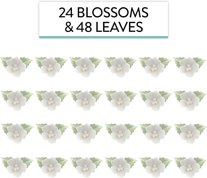 Global Sugar Art 24-Count Mini White Edible Flowers Cake Decorations | White sugar flowers for cake decorating, mini edible flowers cake decorations, white flower cupcake toppers, gumpaste leaves - Image 3