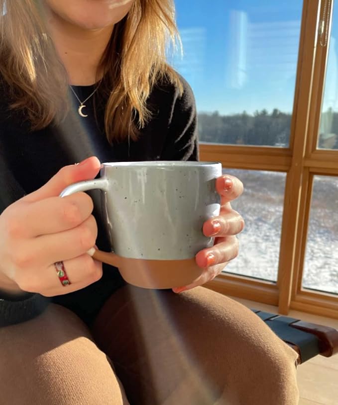 Mora Ceramic Large Latte Mug Set of 4, 16oz - Microwavable, Porcelain Coffee Cups With Big Handle - Modern, Boho, Unique Style For Any Kitchen. Microwave Safe Stoneware - Earl Grey - Image 6