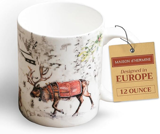 Maison d' Hermine Coffee Mug with Handles Tea Cups (12 Ounce, Pack of 1) | Fine Bone China Coffee Mugs for Hot Beverages Cappuccino Latte Home Hotel Spring Summer -Christmas Tradition - Reindeer by MaisondHermine