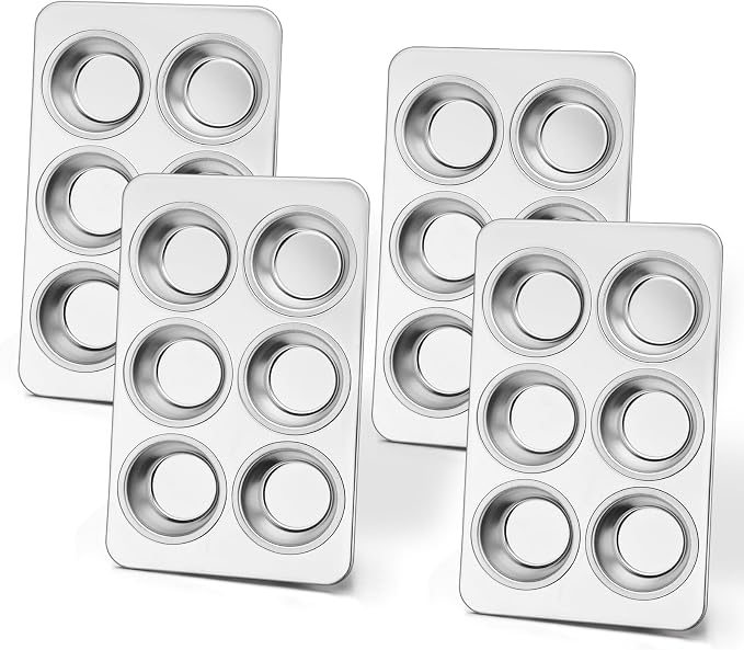 E-far Muffin Pan Set of 4, Stainless Steel Muffin Pan Tin for Baking, 6-Cup Metal Cupcake Pan Tray, Non-toxic & Healthy, Oven & Dishwasher Safe, Regular Size - 11.44 x 7.12 x 1.25 Inch by E-far