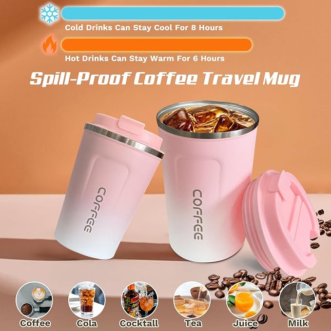 SPLMIFA Travel Coffee Mug Leak-Proof, Reusable Coffee Cups with Lids, Stainless Steel Vacuum Insulated Coffee Tumblers, Thermal Insulation Cup for Men and Women Hot & Cold Drinks(2nd-Pink White, 17OZ) - Image 2