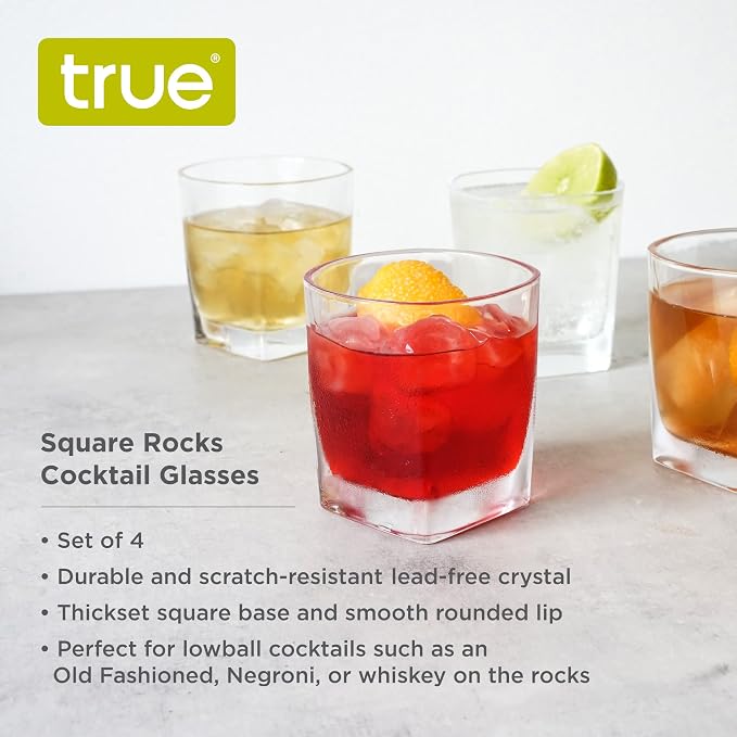 TRUE Square Rocks Glass, Old Fashioned Whiskey Glasses, Superb Drinking Cups for Cocktail Party, Home Bar, Bartender Accessories, 10 oz,4 Count (Pack of 4) - Image 2