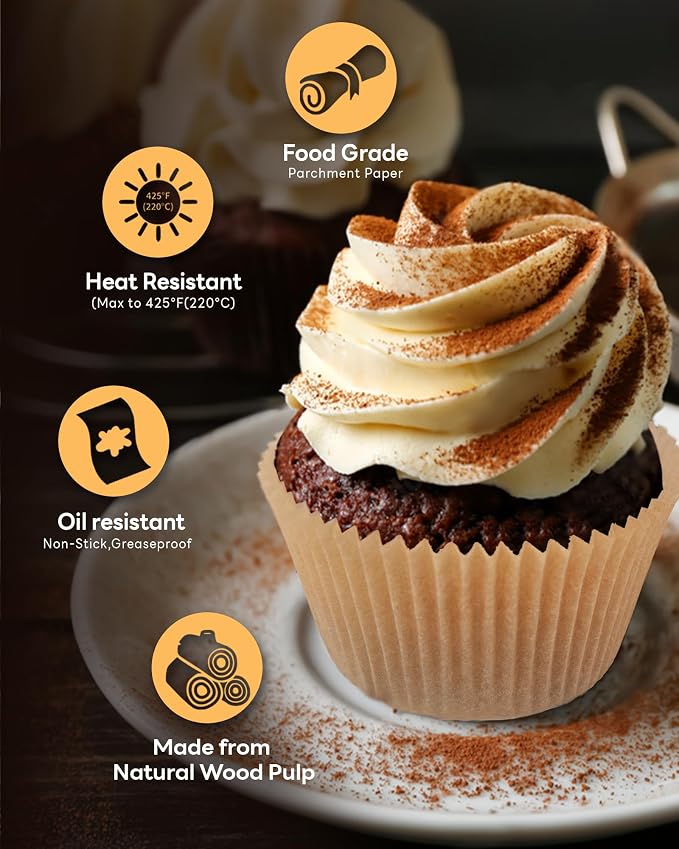Bake Choice 100pcs Jumbo Cupcake Liners for Baking, Natural Muffin Liners | Unbleached, Non-Stick, Greaseproof Parchment Paper, Cupcake Wrapper for Party, Wedding, Birthday, Christmas - Image 4