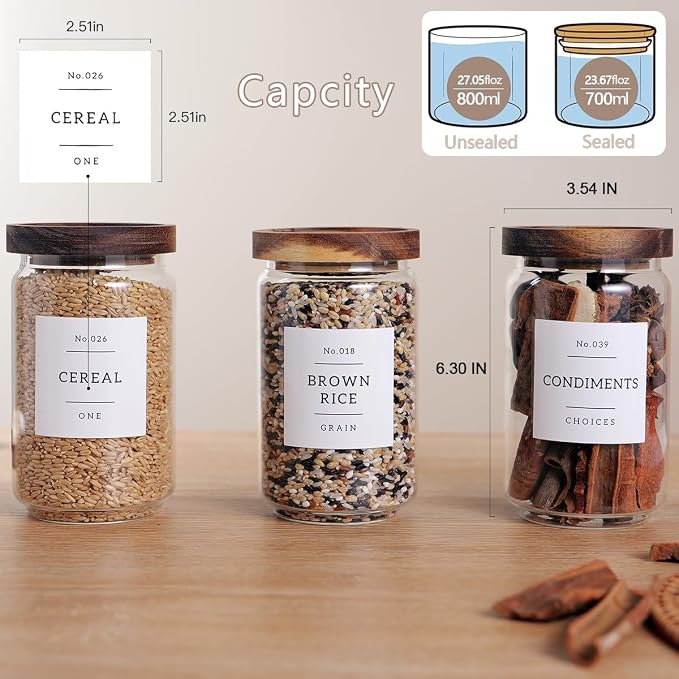 6 Set Glass Pantry Storage Jars with Acacia Airtight Lid - 23oz Thicken Glass Kitchen Canisters with 132 Pantry Labels - Clear Glass Food Storage Containers with Wood Lid for Tea,Sugar,Cookie,Coffee - Image 5