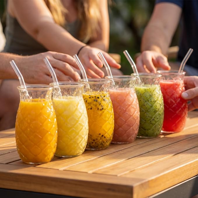 6 Pack Pineapple Drinking Glasses with Straws, 17 Oz Cocktail Cups | Clear Pina Colada Glass Bottles, Retro Relief Pineapple Cups Glassware Set for Cocktail, Juice, Water, Milk - Image 5