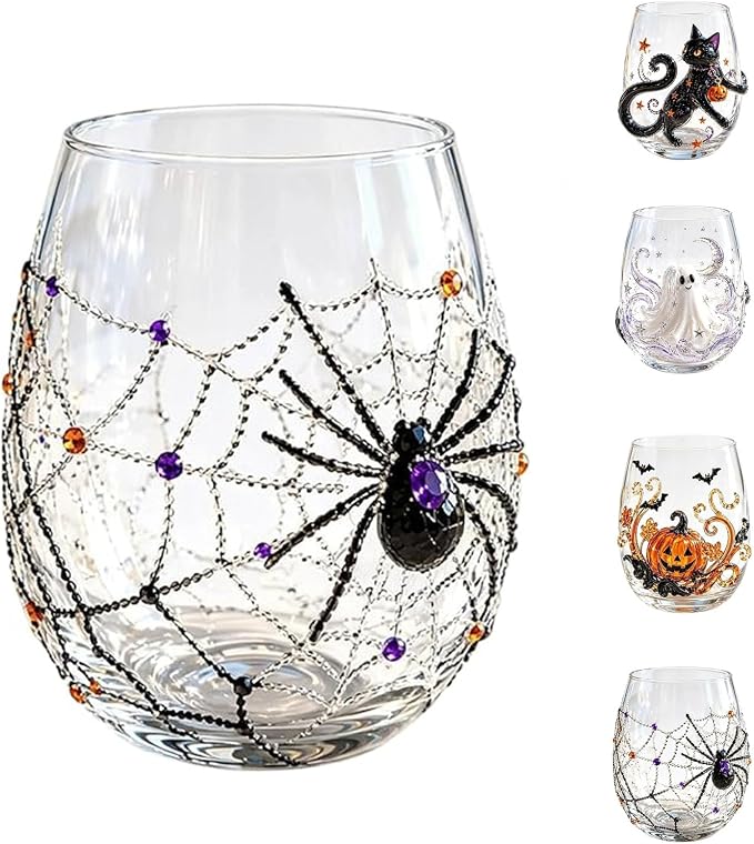 Halloween Artisan Glassware Collection,Handmade Stemless Wine Glass,Gothic Style Artistic Glass Wine Goblet Home Decor Piece Featuring Spooky Pumpkin Design Halloween Party Home Decor Gift，D by Unknown