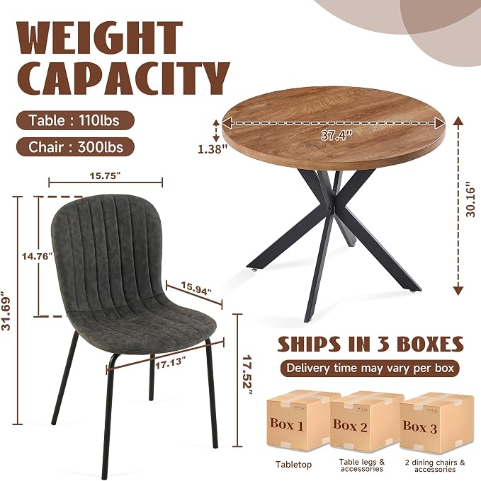 37 Inch Round Dining Table Set for 4, Modern Small Circle Kitchen Coffee Set for Apartment Living Room Office, Save Space(1 Imitation Wood Table + 4 Grey PU Leather Chairs) - Image 4