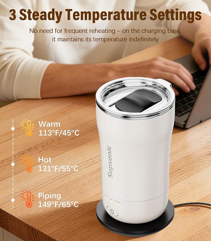 Supsonic - 14oz Heated Coffee Mug, Self-Heating Travel Mug with 3-Temp Settings, Insulated Stainless Steel Constant Temperature Heating Mug for Beverage, Smart Heating Portable Coffee Mug | S1 - Image 2