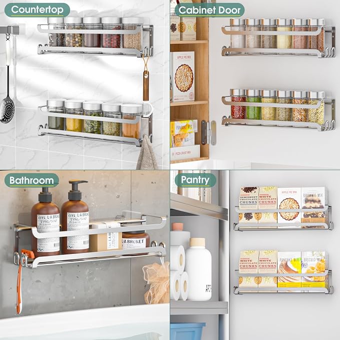LUCYCAZ 2 Pack Wall Mounted Spice Rack for Spice Jars & Seasonings (Silver) | 8 Metal Hooks, Space-Saving,Screw or Adhesive Spice Shelf Hanging,for Kitchen Cabinet,Pantry Door,RV,Camper Spice Orgnaizer - Image 7