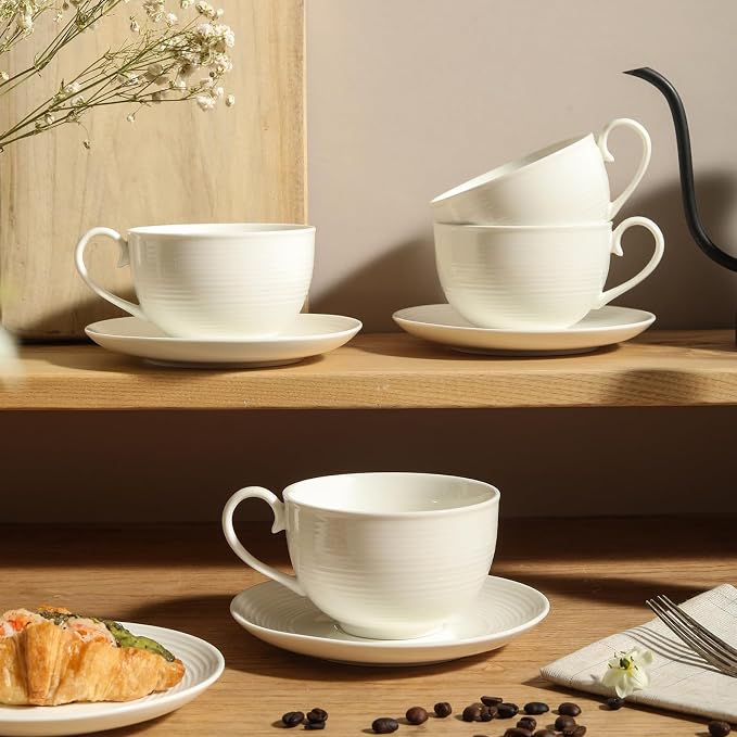 12 oz Cappuccino Cups with Saucers, Ceramic Espresso Coffee Cups Set of 4, White Latte Cup and Saucer, Elegant Tea Mugs Set, Microwave Dishwasher Safe Drinkware for Cafe, Housewarming Gift - Image 6
