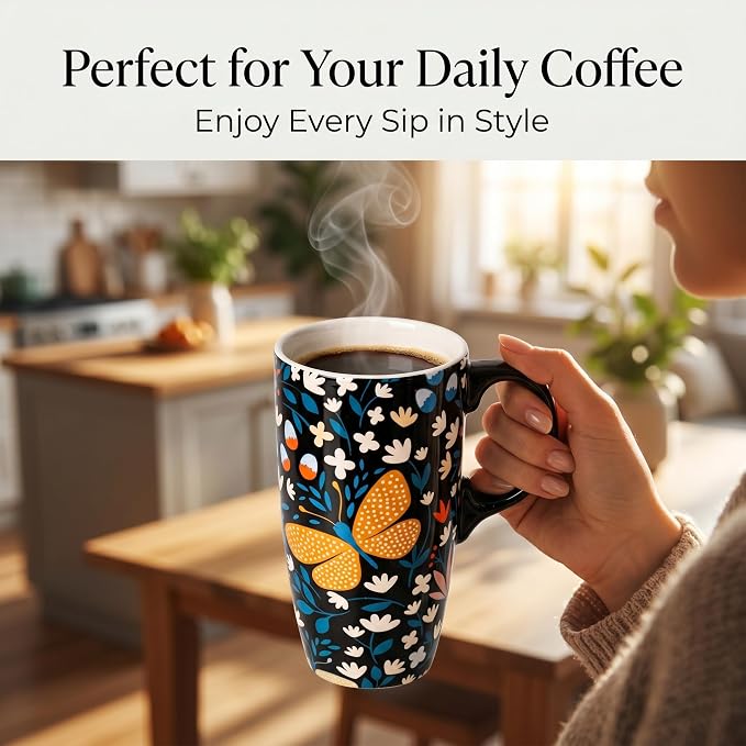 Topadorn 17oz Ceramic Travel Mug, Butterfly Coffee Mug with Gift Box | Large Floral Coffee Cup, Microwave & Dishwasher Safe Ceramic Travel Cup, Butterfly - Image 4