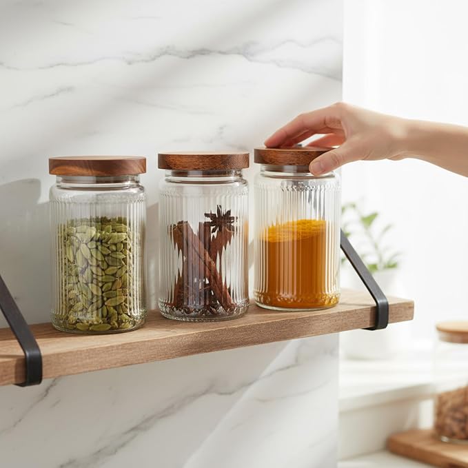 6 Pcs 1000ml/34 oz Vintage Glass Storage Jar Glass Containers with Wood Lid Ribbed Pattern Airtight Kitchen Spice Containers for Pantry, Coffee Bean, Grains, Tea, Sugar, Flour, Candy, Oats - Image 6