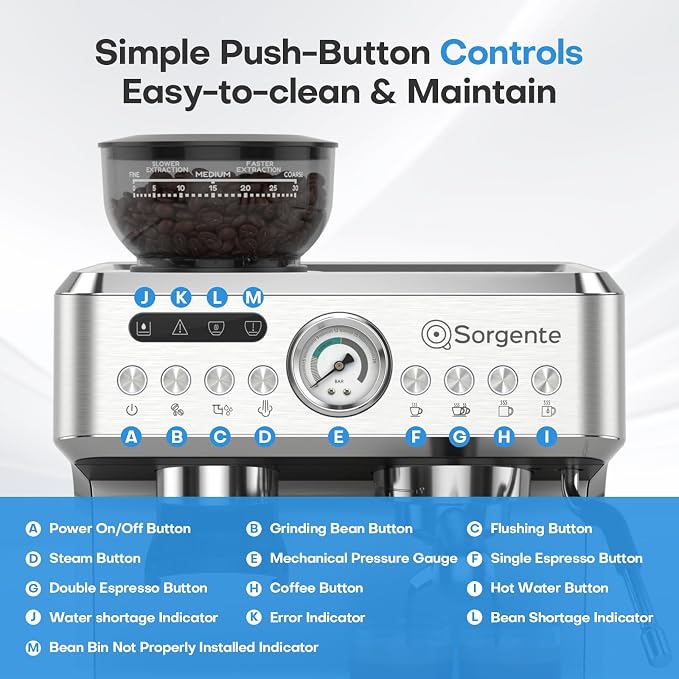 Sorgente Espresso Machine with Grinder, Brushed Stainless Steel | Professional Coffee Maker with Built-in Grinder, Easy to Clean with this Semi-Automatic Coffee Machine,Durable for Home Use - Image 7