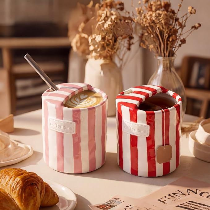 2 Pack Ceramic Coffee Mug with Sip Hole Espresso Cup 10oz with Straws Retro Hand Painted Striped Ceramic Iced Coffee Tea Travel Mug Latte Cup for Kitchen Dining (Simple,Red,Pink) - Image 5